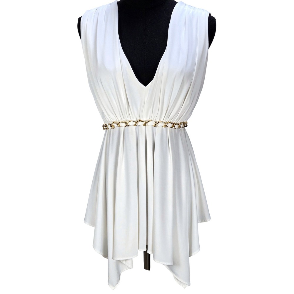 Women's Cache Medium White Empire Waist Tunic Gold Chain Grecian‎ Goddess Y2K